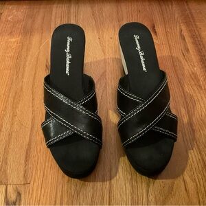 Women's Tommy Bahama Leather Wedge Sandal Mule Slip On 3.25" Heel Black White 7B